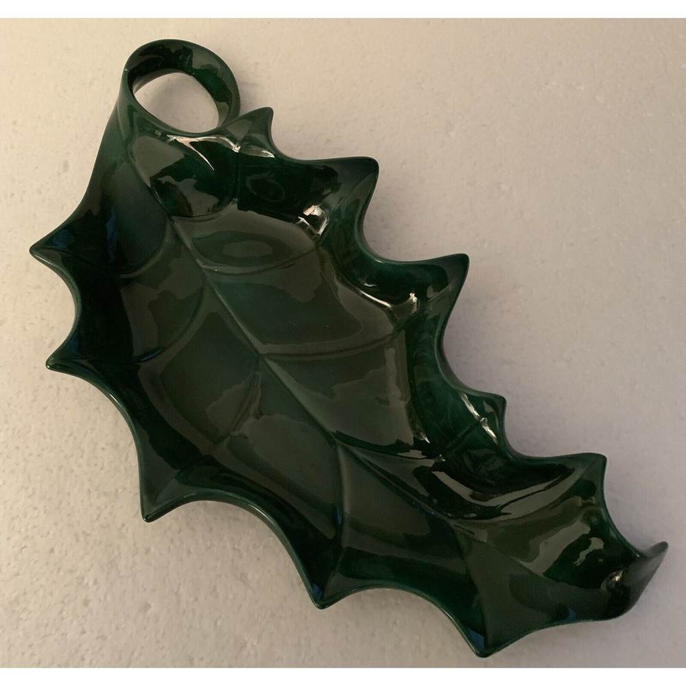 Holland Mold Christmas Ceramic Green Holly Leaf Candy Nut Dish MCM 12.5"  READ